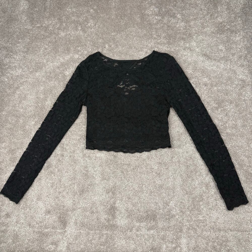 Express Size S Black Sheer Lace Long Sleeve Crop Top Scallop Y2K Going Out